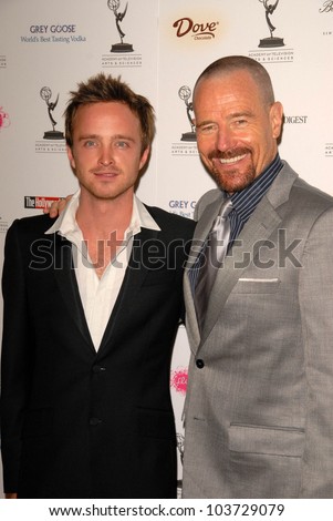 Aaron Paul and Bryan Cranston  at the Academy of Television Arts and Sciences Prime Time Emmy Nominees Party. Wolfgang Puck Pacific Design Center, West Hollywood, CA. 09-17-09