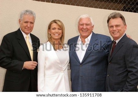 HOLLYWOOD - APRIL 20: Alex Trebek, Vanna White, Merv Griffin, Pat Sajak at the Ceremony honoring Vanna White with a star on the Hollywood Walk of Fame on April 20, 2006 in Hollywood, CA.