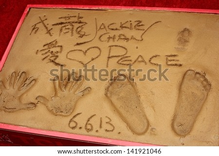 Jackie Chan`s hand and foot print at the Jackie Chan Hand and Foot Print Ceremony, TCL Chinese Theater, Hollywood, CA 06-06-13