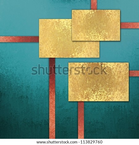 abstract blue background with red ribbon stripes and elegant blank gold background squares for text or title for web template layout design or brochure ad or labels for paper or scrapbook