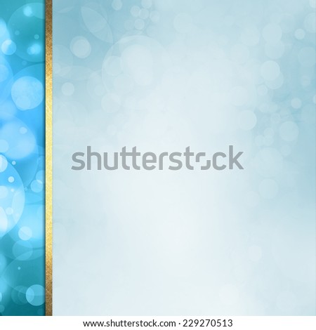 blue background of white bokeh lights with side bar stripe of dark blue and white bubbles or floating circle layers with gold trim ribbon design