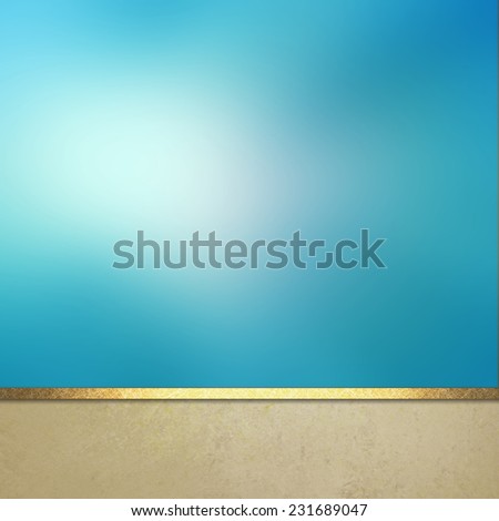 sky blue background website or poster layout, fancy elegant blurred sun in the sky on off white vintage textured footer with gold ribbon trim, luxury background template design
