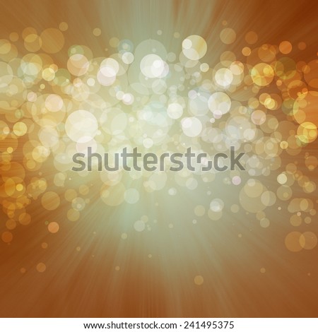 elegant gold background, white bokeh lights shine in center layer on blurred zoom effect background, shiny glittering silver gold balls of light with bright center and darker orange hue border
