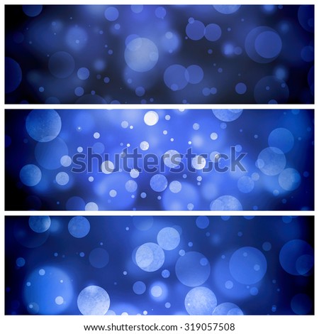 blue bokeh header or footers for website designs or brochures, blue background set, white Christmas lights twinkling, sparkling shining stars or snowflakes in sky, new years celebration