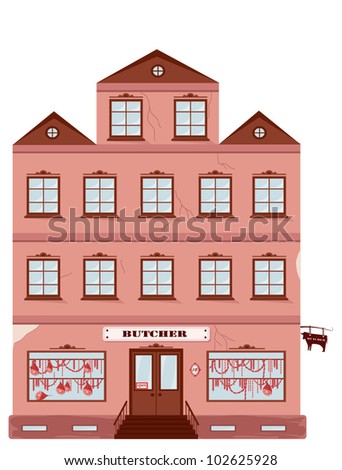 Vector illustration of building with a butcher shop in it