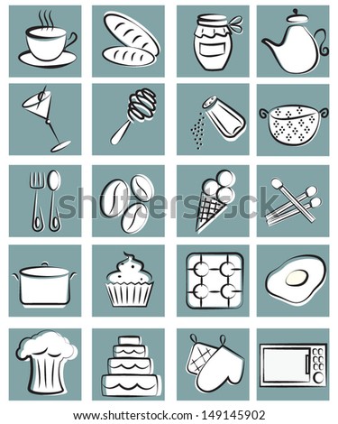 Vector illustration of a set of kitchen tools and foods in graphic style for cook books, recipes or scrap-booking 