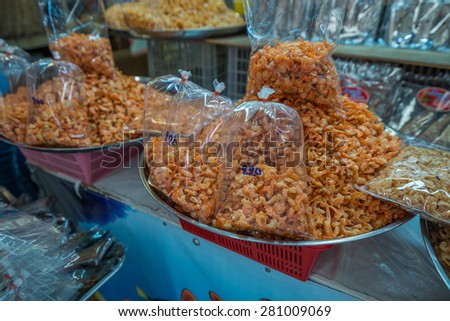 Bangkok, Thailand - May 23, 2015 Dried sea food for sell at Or Tor Kor markrt, a well known place for fresh food, fruits and foods. Located next to Jatujak market.