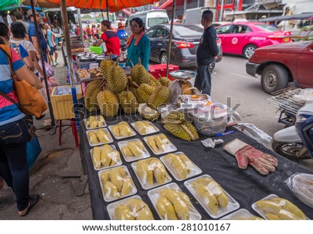 Bangkok, Thailand - May 23, 2015 Durian for sell on street at Jatujak market, the biggest weekend market in South East Asia. Visit by taking MRT to Kampengpet station