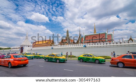 Bangkok, Thailand - Aug 10, 2015 Street with many taxi for tourist in front of The Grand Palace