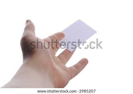 white blank visit card in hand isolated on white