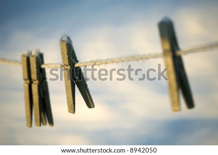 wooden clothespegs covered with hoar-frost