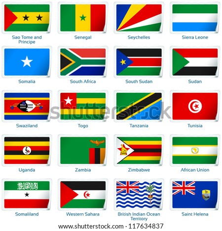 Sticker flags Africa (3 of 3). Vector illustration: 3 layers:  * shadows  * flat flag (you can use it separately)  * sticker (with transparencies). Collection of 220 world flags. Accurate colors.