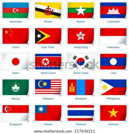 Sticker flags: Western Asia. Vector illustration: 3 layers:  Ã?Â· shadows  Ã?Â· flat flag (you can use it separately)  Ã?Â· sticker. Collection of 220 world flags. Accurate colors. Easy changes.