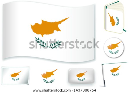 Cyprus. Cypriot national flag in wave, book, circle, pin, button, heart and sticker shapes.