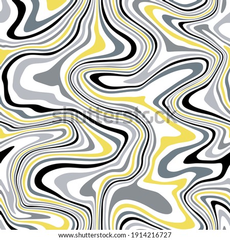 Vector seamless pattern. Abstract texture with thin monochrome wavy stripes. Creative distorted background. Decorative black, white, Illuminating yellow and grey design.