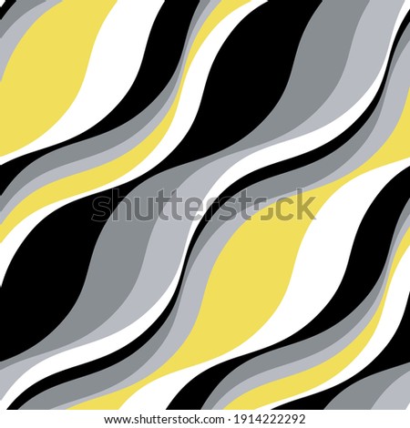 Vector seamless pattern. Abstract texture with contrast diagonal waves. Creative distorted background. Decorative black, white and illuminating yellow design. Can be used as swatch for illustrator.