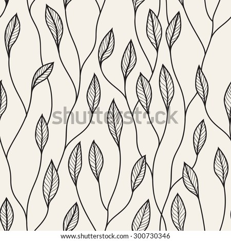 Vector seamless pattern. Floral stylish background. Graphic repeating texture. Hand drawn branches with leaves.