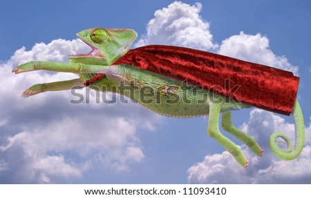 A veiled chameleon is flying through the sky wearing a red cape.