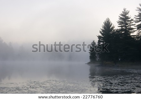 Fog above forest lake in Killarney Park in the morning