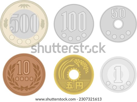 The set of Japanese coins isolated on white background