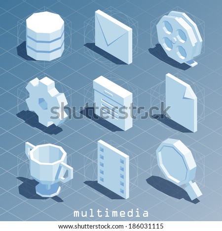 polygonal isometric multimedia icon set