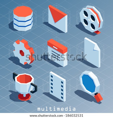 colored polygonal isometric multimedia icon set