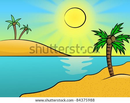 Landscape with beach, sea and palms, vector illustration