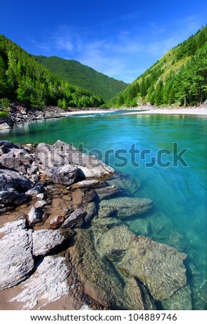 Bright turquoise waters of the Middle Fork Flathead River in the Flathead National Forest of Montana
