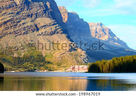 GLACIER NATIONAL PARK, USA - SEPTEMBER 11: The Many Glacier Hotel on September 11, 2011 in Glacier National Park, Montana.  It was built in 1915 on the shoreline of Swiftcurrent Lake.