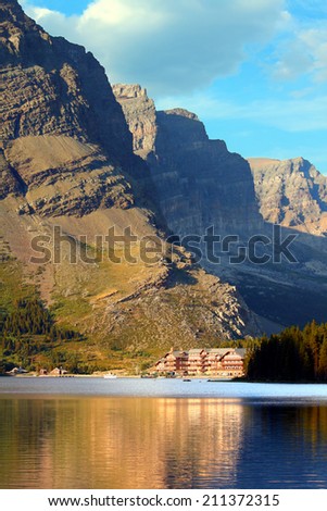 GLACIER NATIONAL PARK, USA - SEPTEMBER 11: The Many Glacier Hotel on September 11, 2011 in Glacier National Park, Montana.  It was built in 1915 on the shoreline of Swiftcurrent Lake.
