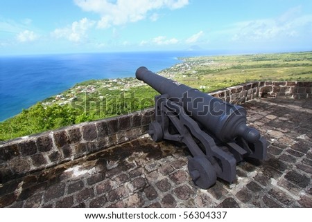 A cannon faces the Caribbean Sea at Brimstone Hill Fortress National Park on the island of St Kitts.