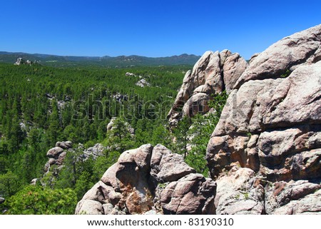 Rock formations scatter the pine forests of Black Hills National Forest in South Dakota