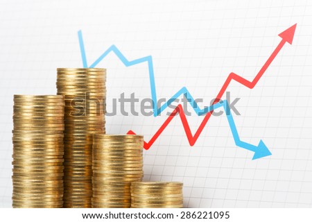 Pile of coins and graph. Asset management. Pile of 500 yen coins with upside growing and downside declining arrows graph.