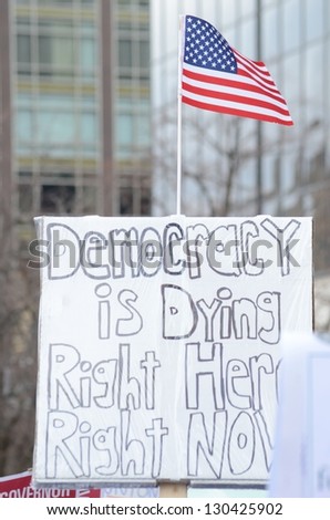 MADISON, WI - MAR 3: Rally against Governor Scott Walker\'s budget bill on Mar 3, 2011 in Wisconsin. Walker has won the recall election, but he still faces a new election next year