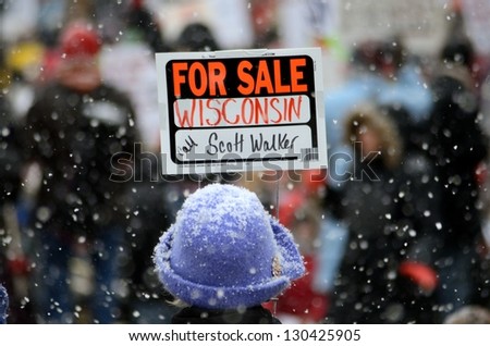 MADISON, WI - FEB 26:Protester in Wisconsin during a rally against Governor Scott Walker\'s budget bill on Feb 26, 2011. Walker has won the recall election, but he still faces a new election next year