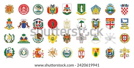 Coat of arms big set. National emblem design. White isolated background 