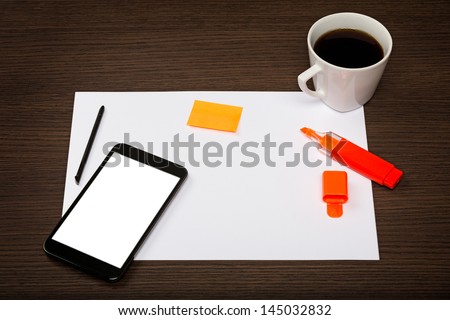 Blank sheet of paper, pen, highlighter, modern smartphone with blank screen and cup of coffee on dark wooden office desk.