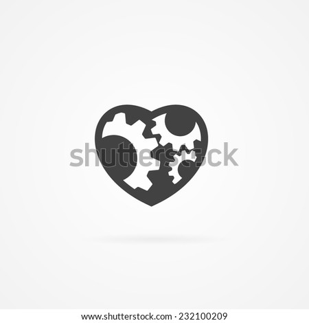 Icon of heart with gears inside. Shadow and white background.