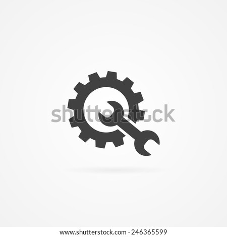 Simple wrench and gear icon, with shadow and white background.