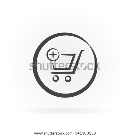 Simple icon of shopping cart with plus sign in circle with shadow.