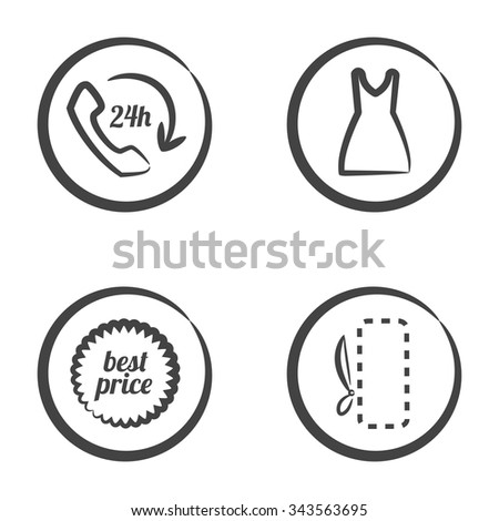 Set of 4 icons in circle isolated on white background: handset with 24 text and arrow, dress, best price text and scissors with dashed line.