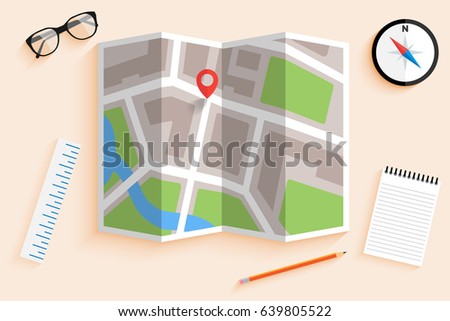 Simple vector of map with pin, compass, notepad, pencil, ruler, eyeglasses