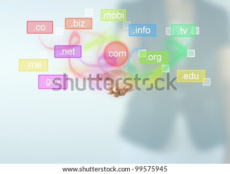 Domain name over business woman hand