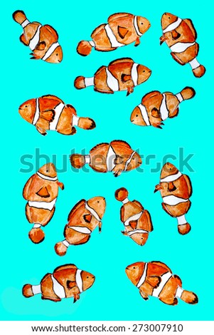 Tropical clown fish watercolor pattern painting on marine blue