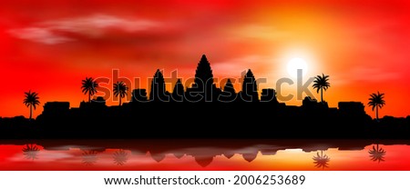 The very ancient city of Angkor Wat at sunset. Buddhist temple complex. Historical landmark. Cambodia.