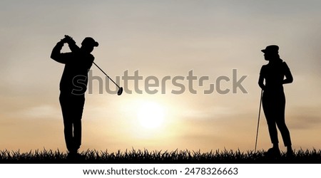 A man and a woman play golf at sunset. Two people are playing golf.
