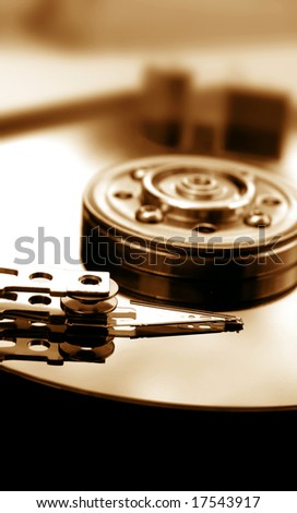 Closeup of an opened hard disk drive