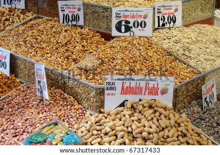 Displays of products on offer in the world famous Spice market in Istanbul Turkey