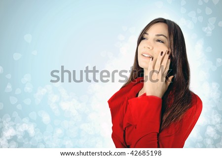 Half body portrait of fashionable young woman in red clothes, graduated background with lift effect.