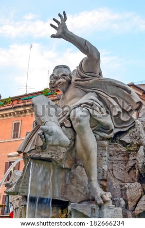 Rome, Italy 7th July 2013. Fountain of the four Rivers with Egyptian obelisk, in the middle of Piazza Navona. Detail.